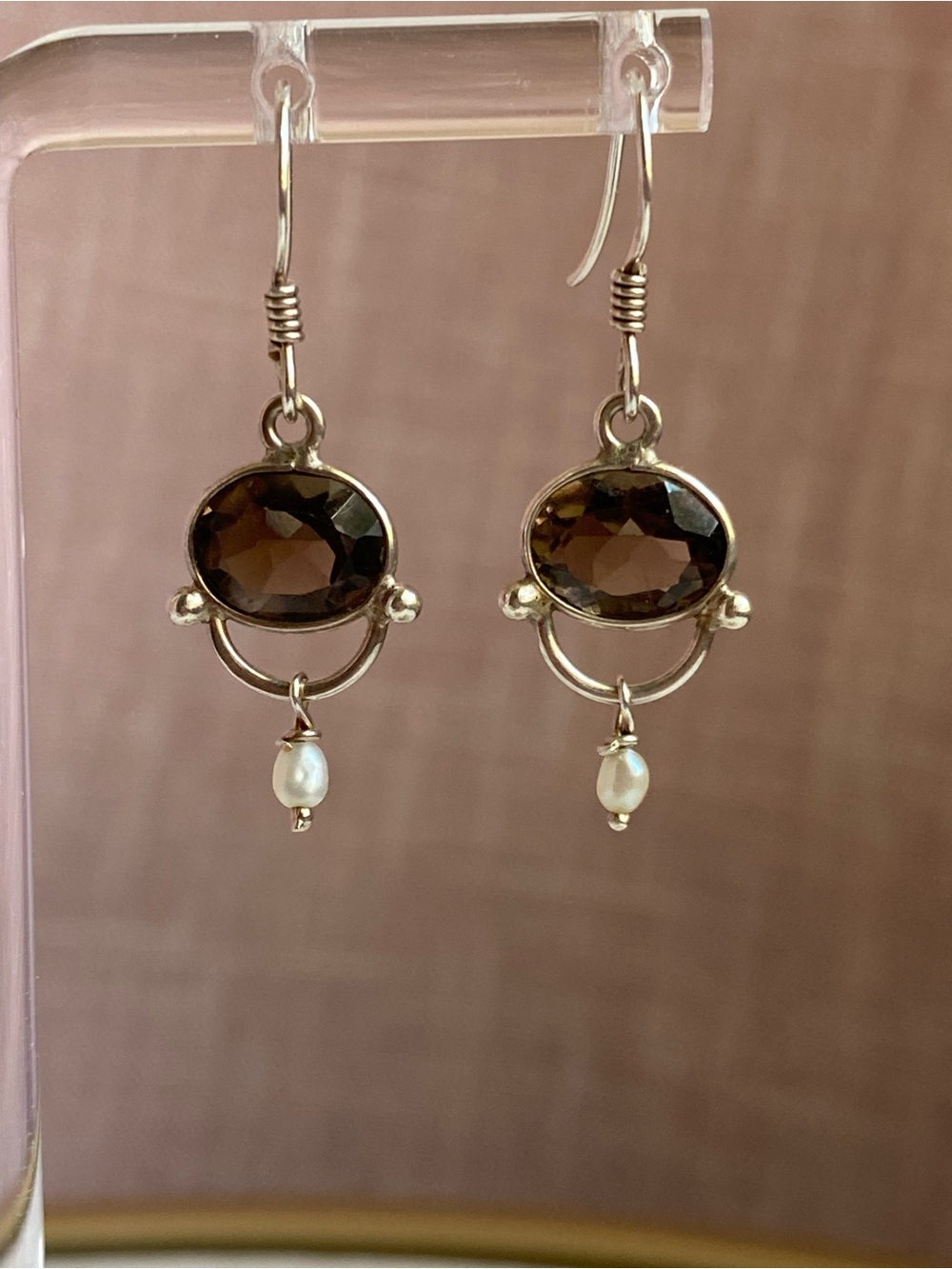 Artisan Smoky Quartz and Pearl Drop Earrings in Silver